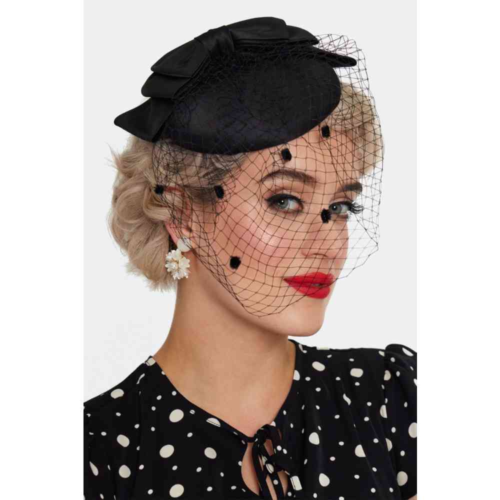 Voodoo Vixen - Bow And Polka Net Fascinator - Zwart